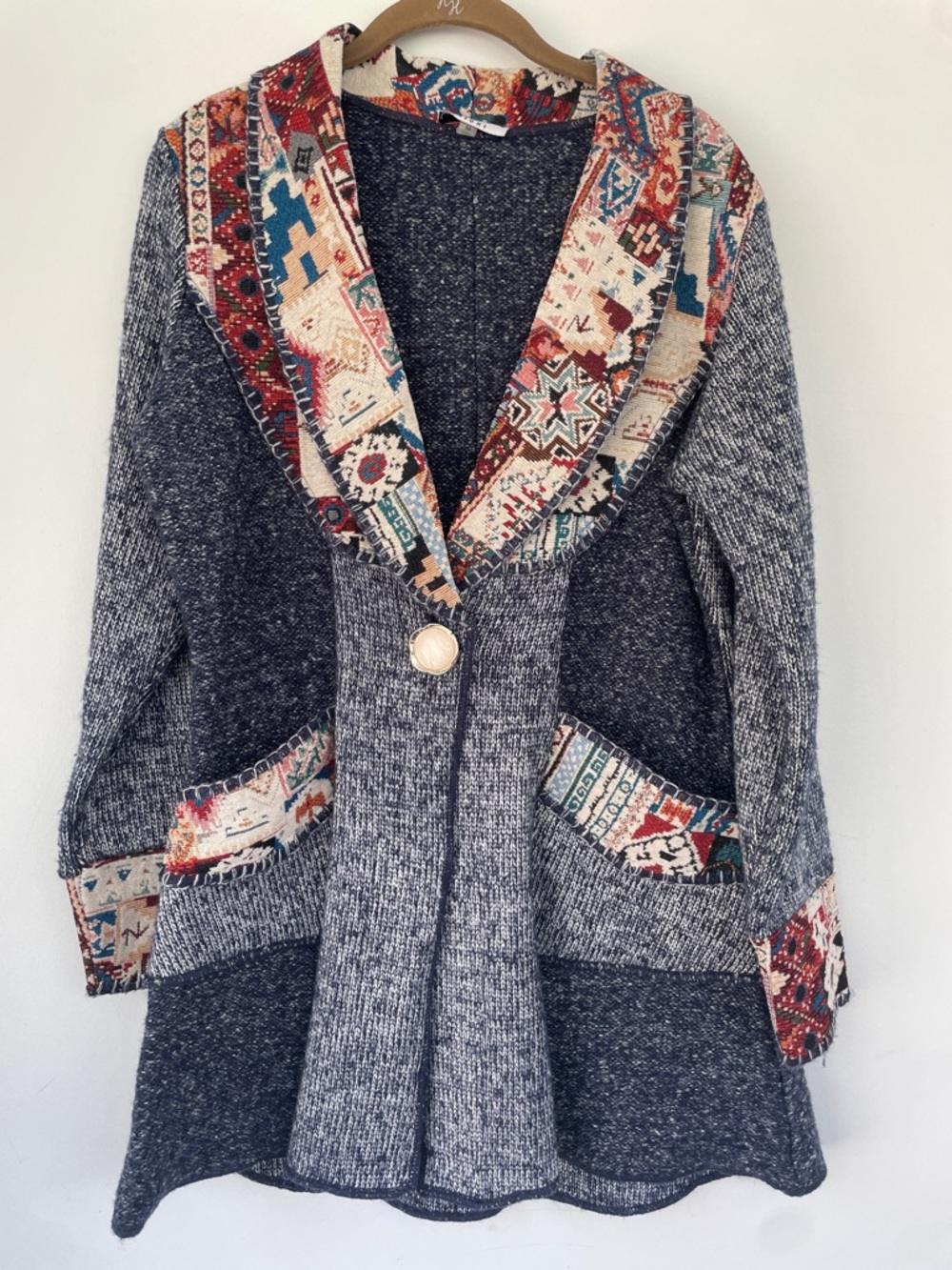 Sioni Gray Hooded Cardigan with Multicolor Tribal Trim FLAW*